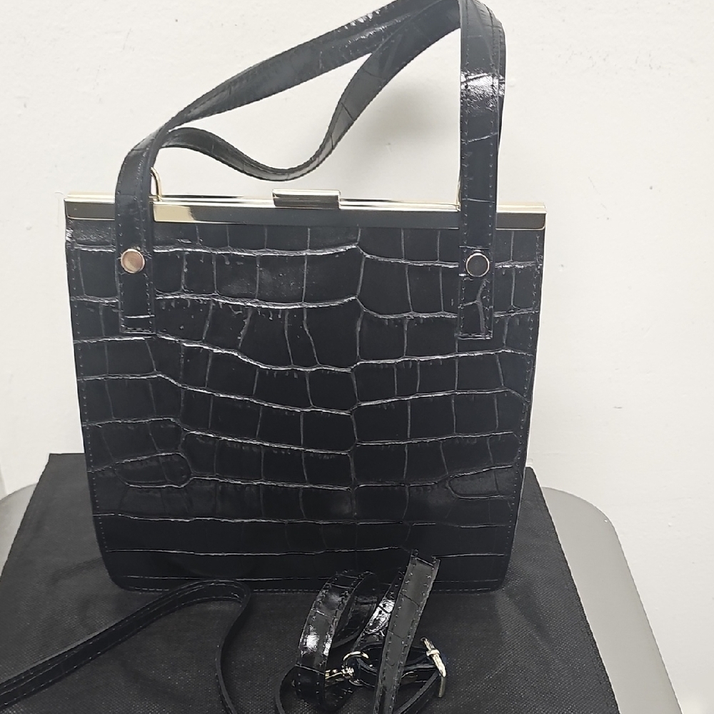 Black Croc-Embossed Structured Shoulder Bag
